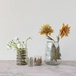 Embedded Tamarind Leaves Hand Blown Glass Votive Holder