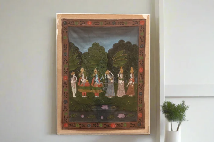 Enchanting Framed Lord Krishna and Gopis Indian Painting (Trade)