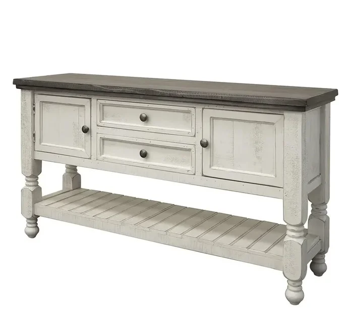 Farmhouse 2-Door Sofa Table with 2 Drawers and Slatted Shelf