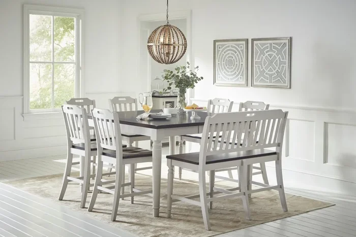 Farmhouse Counter Height Dining Table with 6 Chairs and Bench