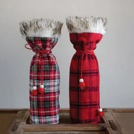 Faux Fur Trimmed Plaid Wine Bag Set of 2