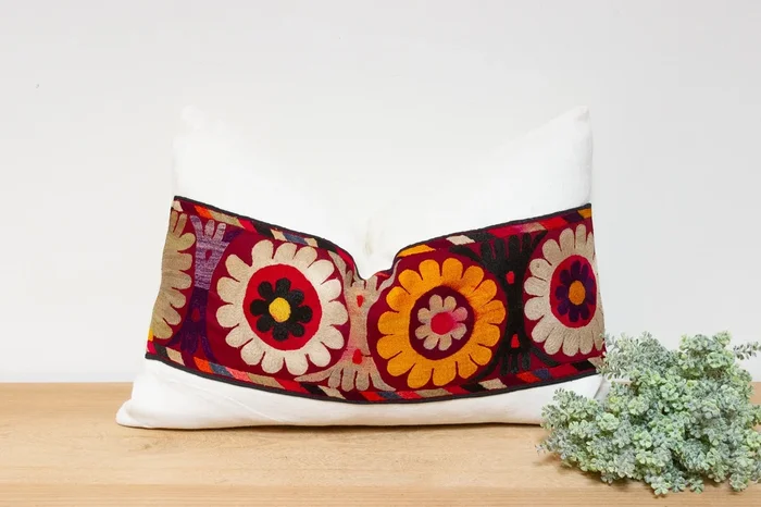 Freesia Antique Uzbek Suzani Linen Pillow (Trade)