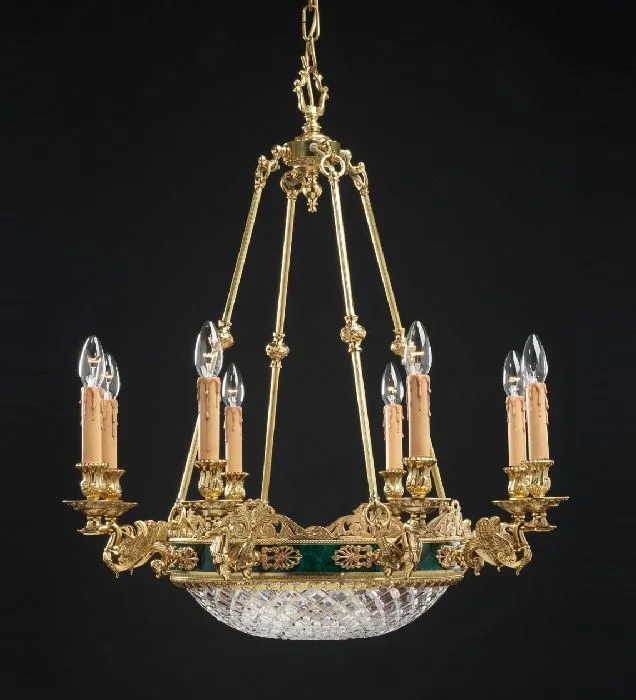 French Gold And Green Malachite Chandelier