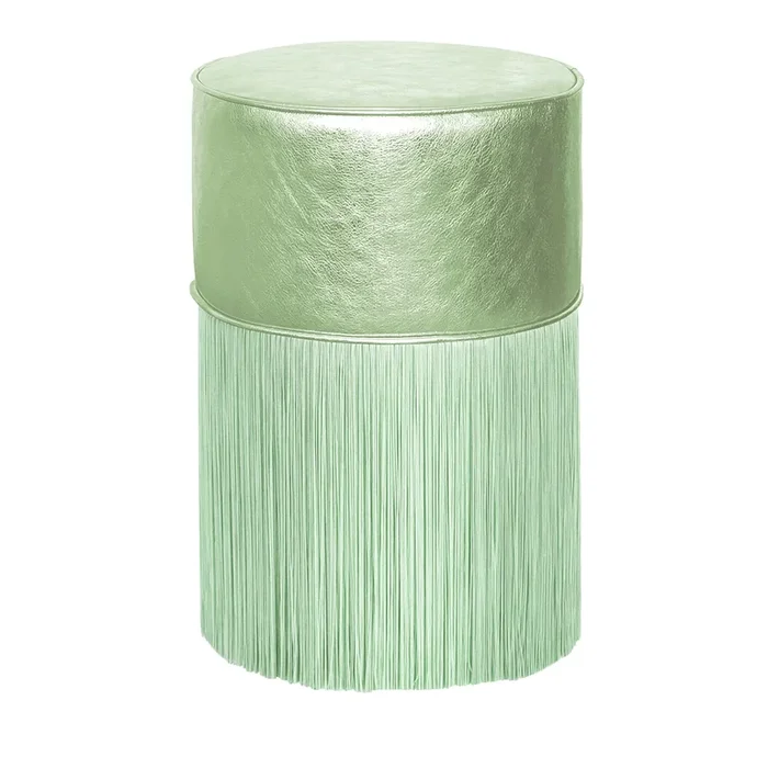 Gleaming Light Green Metallic Leather Pouf by Lorenza Bozzoli