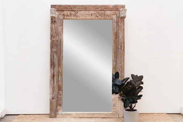 Grand 1800’s Indian Door Mirror w/Elephant Carvings (Trade)