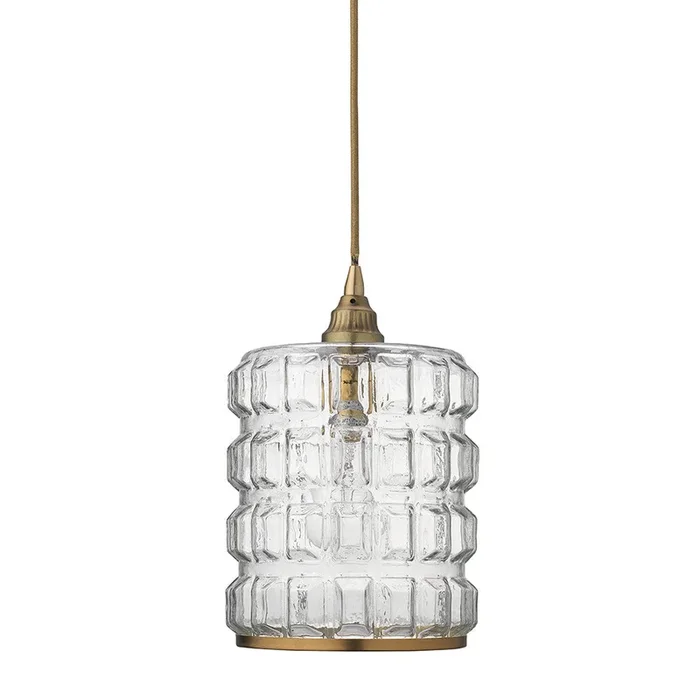 Grid Pattern Clear Glass Pendant with Brass Hardware