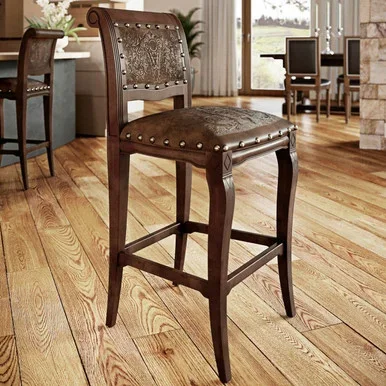 Imperial Counter Stool with Antique Brown Tooled Leather – Set of 2