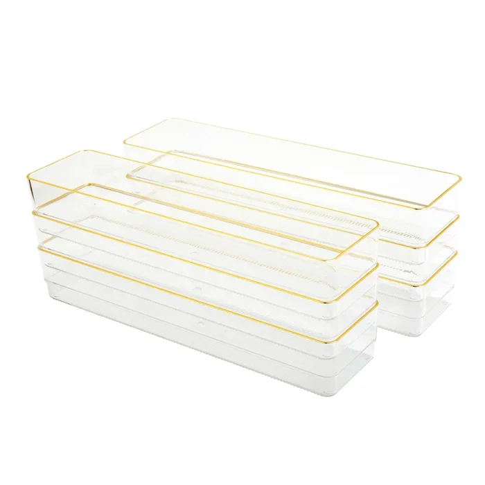 Kerry 6 Pack Plastic Stackable Office Desk Drawer Organizers with Metallic Trim, 12″ x 3″