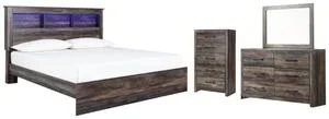 King Panel Bookcase Bed With Mirrored Dresser and Chest