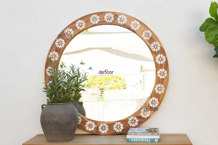 Large Teak Mother of Pearl Inlay Round Mirror (Trade)