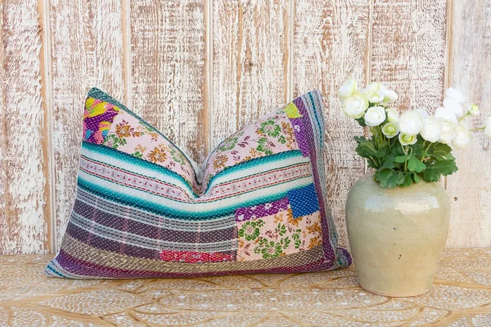 Leela Vintage Lumbar Boho Kantha Pillow Cover