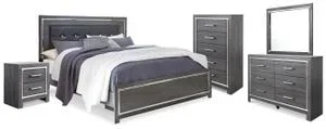 Lodanna King Upholstered Panel Bed, Dresser, Mirror, Chest and Nightstand