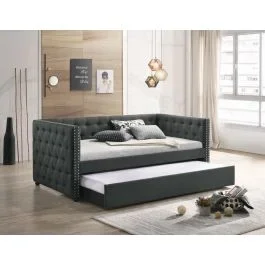 Mendel Grey Tufted Linen Daybed With Trundle