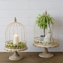 Metal Birdcage On Wood Stand Set of 2