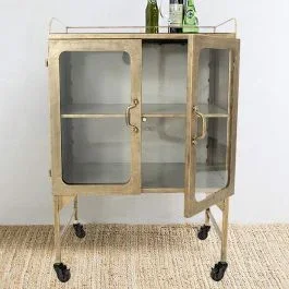 Metal Cabinet With Wheels and Glass Doors