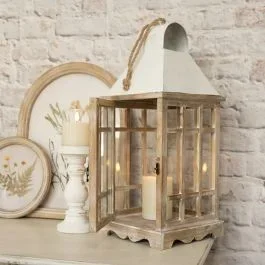 Metal Roof Rustic Wood Lantern With Rope Hanger