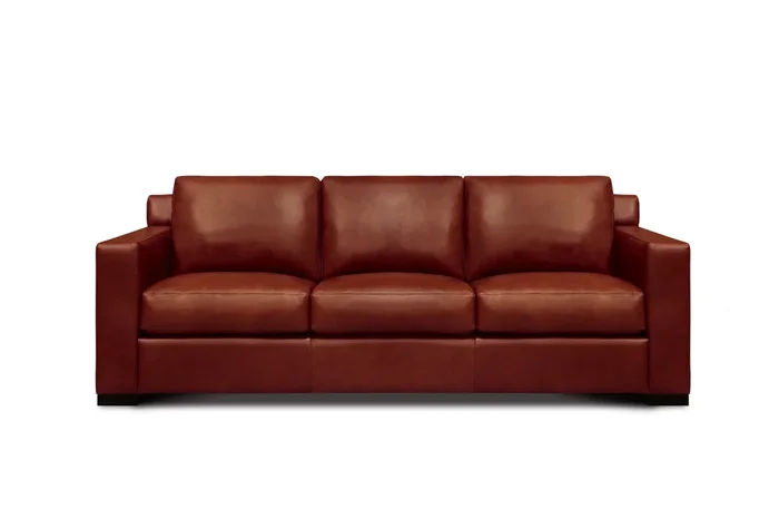 Mid-Century Modern Leather Sofa w/Solid Block Feet