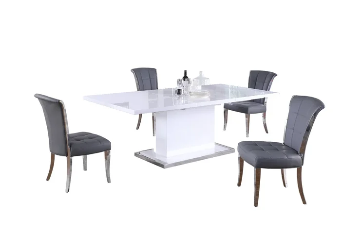 Modern Dining Set w/ Extendable White Table & Gray Chairs