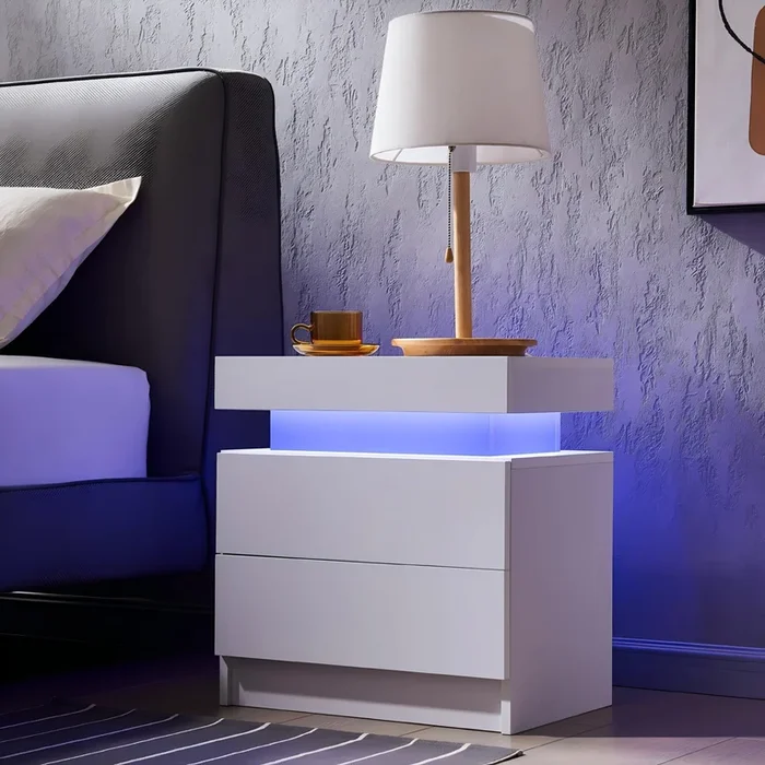Modern LED Nightstand with Adjustable Lights and 2 Drawers in White
