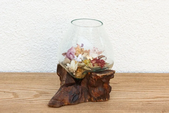 Natural Teak Mouth-Blown Glass Bowl (Trade)