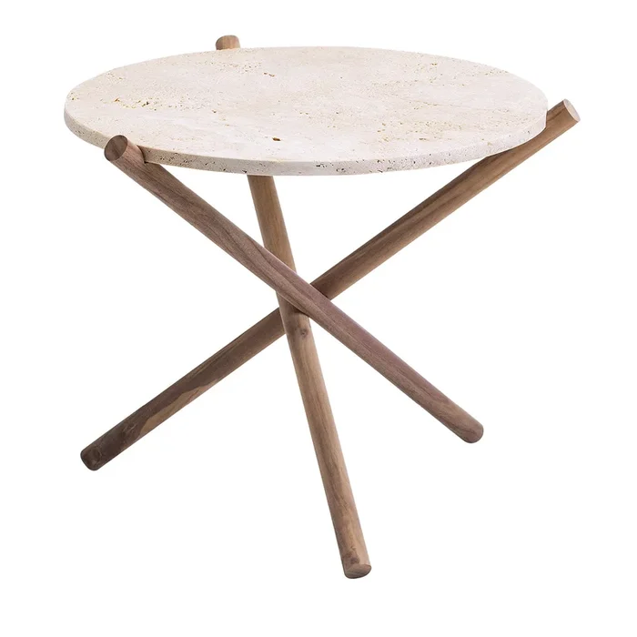 Naturam Beige Travertine Stone With Canaletto Walnut Legs Side Table