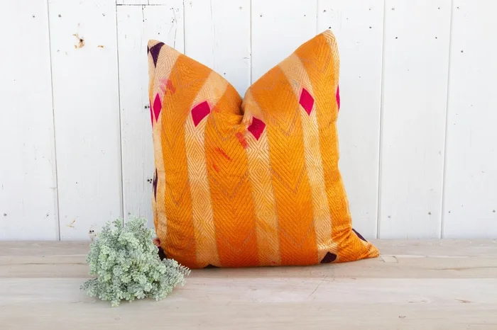 Orange Tango Silk Phulkari Pillow (Trade)