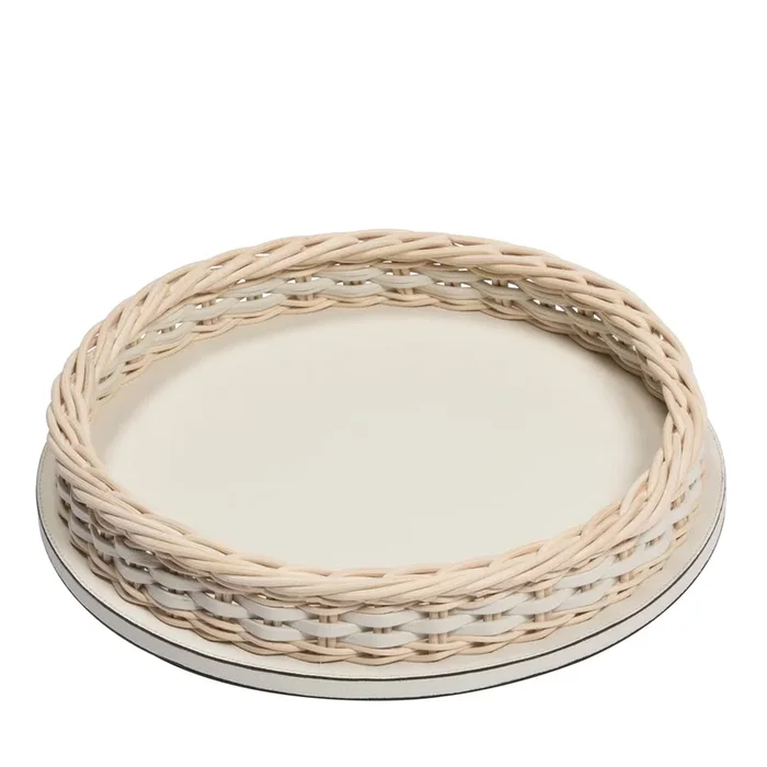 Orsay Cream Leather and Rattan Round Mini Tray