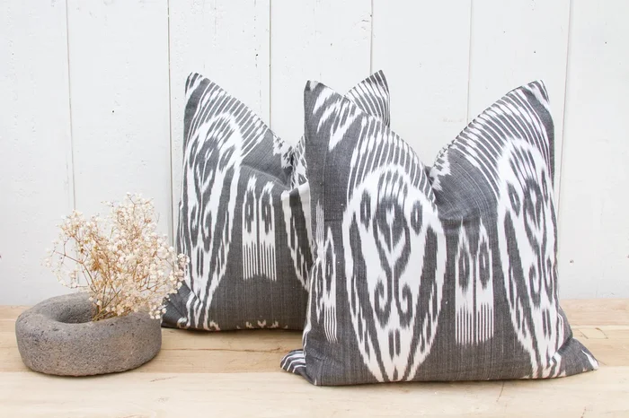 Pair of Charcoal & White Ikat Silk Pillows (Trade)