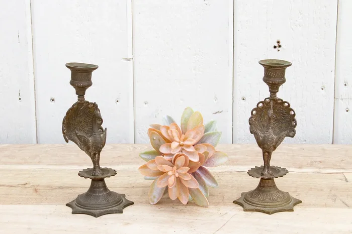 Pair of Engraved Brass Peacock Candle Holders (Trade)