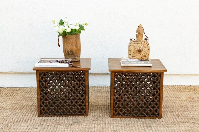 Pair of Mid-Century style Carved Floral Tables