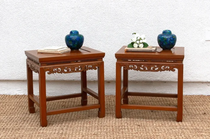 Pair of Vintage Carved Elm & Burr End Tables