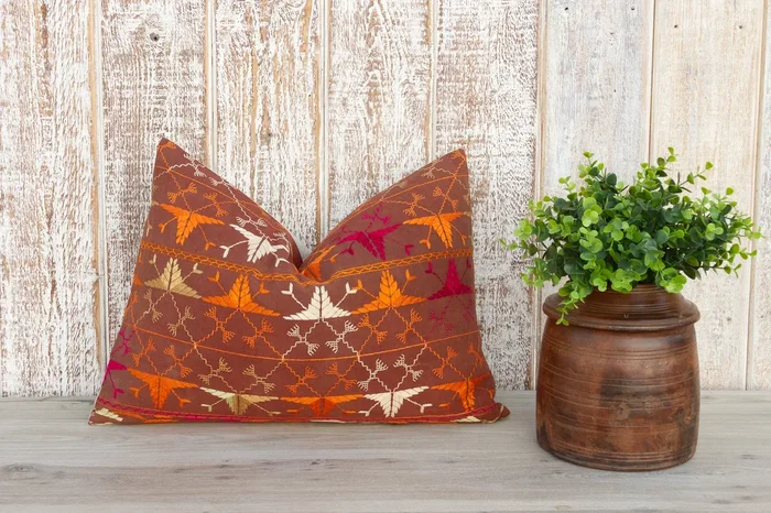 Palak Antique Indian Folk Lumbar Pillow Cover