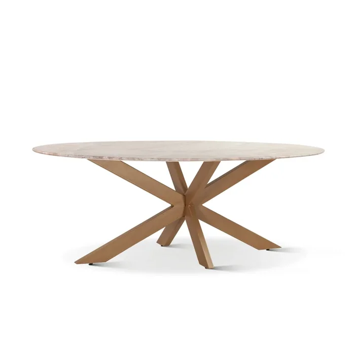 Pasadena 70″ Oval Dining Table in Sawar Marble and Iron with Antique Gold Finish