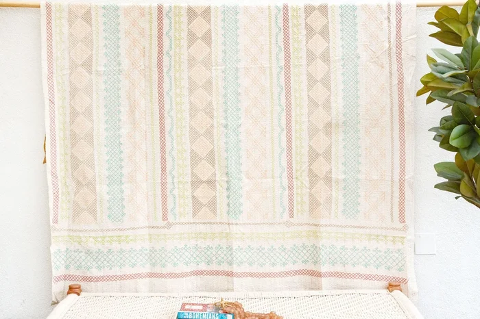 Pastel Geometric Hand-stitched Cotton Kantha Bedcover (Trade)