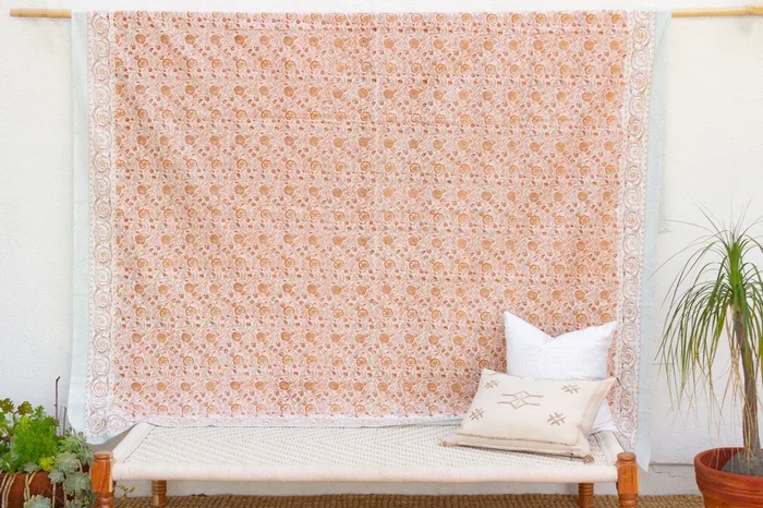 Peachy Floral, Hand Blockprint Cotton Coverlet (Trade)