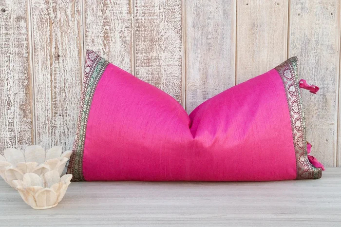 Pink Large Festive Indian Silk Queen Lumbar Pillow Cover