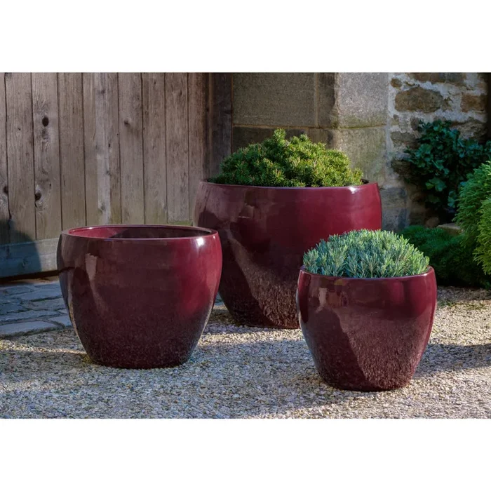 Plum Glazed Terra Cotta Barrel Planters – Set of 3