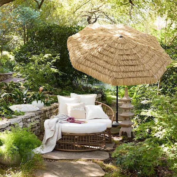 Puebla Daybed Natural Wicker with Natural Canvas Cushions, Pillows, Umbrella and Base 3-Piece Set