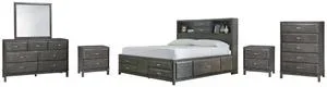 Queen Storage Bed With 8 Storage Drawers With Mirrored Dresser, Chest and 2 Nightstands