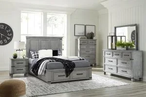 Queen Storage Bed With Mirrored Dresser, Chest and 2 Nightstands
