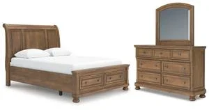 Queen Storage Sleigh Bed With Mirrored Dresser