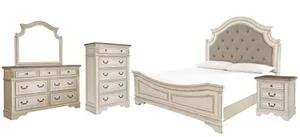 Queen Upholstered Panel Bed With Mirrored Dresser, Chest and Nightstand