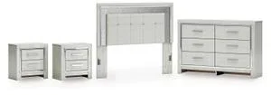 Queen Upholstered Panel Headboard With Dresser and 2 Nightstands