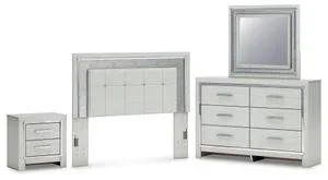 Queen Upholstered Panel Headboard With Mirrored Dresser and Nightstand