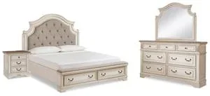 Realyn King Upholstered Panel Bed, Dresser, Mirror and Nightstand