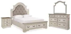 Realyn Queen Upholstery Panel Bed, Dresser, Mirror and Nightstand