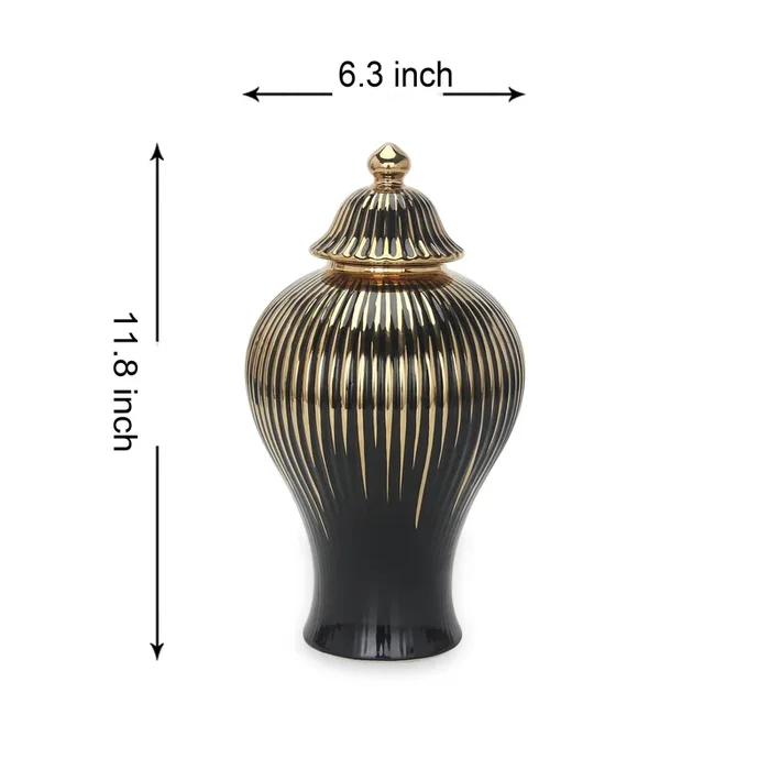 Regal Black Gilded 12 Ginger Jar with Removable Lid