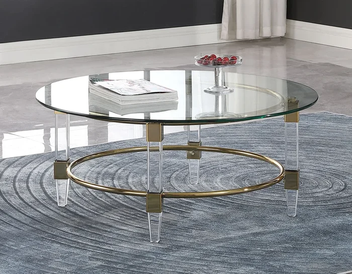 Round Glass Cocktail Table w/ Acrylic Legs & Gold Plated Frame
