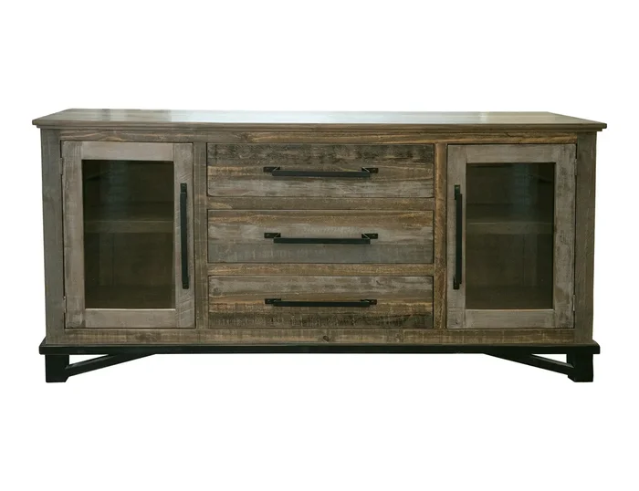 Rustic 3-Drawer Buffet with 2 Glass-Front Doors