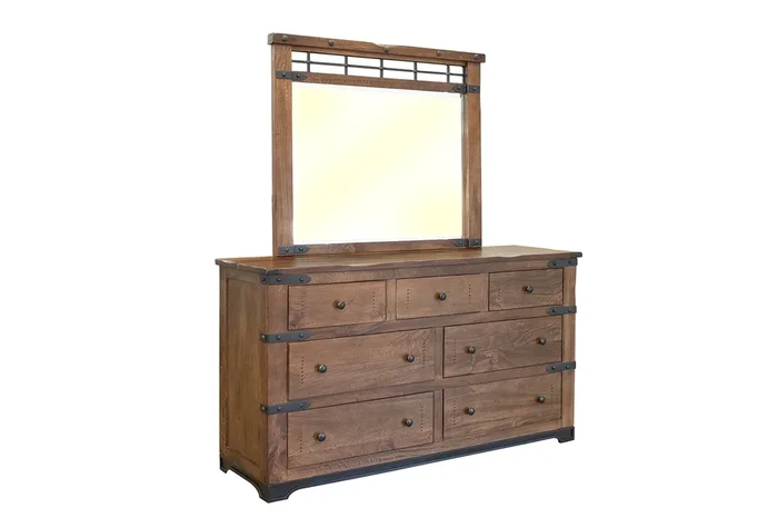 Rustic 7-Drawer Dresser and Mirror Set with Wrought Iron Base